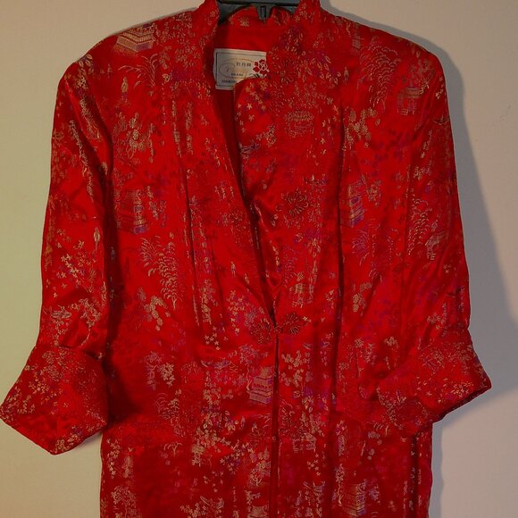 PEONY Brand Red Japanese Garden Print Long Kimono Duster 40 Large Silky Dramatic - Picture 1 of 6